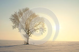 single oak tree covered with frost on a snowy field lit by the morning sun beautiful winter scenery at dawn december and winter