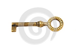 Single old golden key on a white background