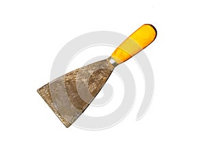 Single old gyan putty or spatula handtool isolated on white background, look old,rusty and dirty. photo