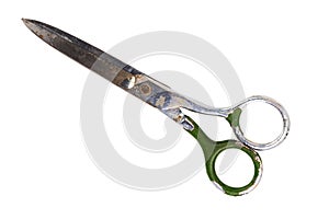 Single old soviet scissors isolated on white background. Closed.