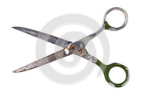 Single old soviet scissors isolated on white background. Opened.