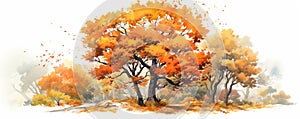 Single old tree on a beautiful autumn landscape, watercolor illustration generated by ai