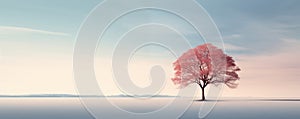 Single old tree on a beautiful sunset landscape, minimalist design, generated by AI