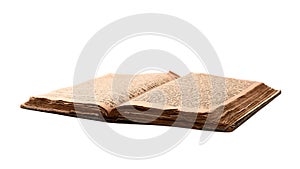 Single old worn jewish book. Open shabby pages of Siddur isolated on white background. Closeup. Selective focus