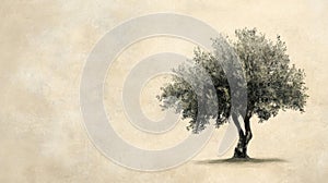 Single Olive Tree on Beige Textured Background