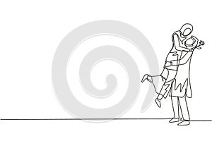 Single one line drawing Arab man making proposal marriage to woman with rose flower. Boy surprises his girl and giving flowers.