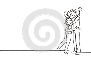 Single one line drawing Arabian boy giving rose flower to girl. Man in love giving flowers. Couple getting ready for wedding.