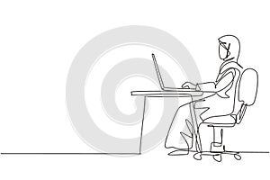 Single one line drawing Arabian female with laptop sitting on chair around desk. Distance learning, online courses, and studying