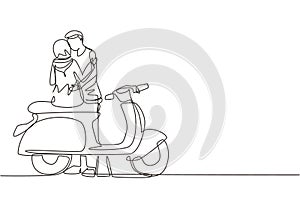 Single one line drawing back view Arabic couple on date outdoors, girlfriend and boyfriend with motorcycle, amorous relationship.