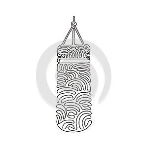 Single one line drawing black punching bag logo isolated. Hitting bag for boxing training. Boxing equipment exercise. Swirl curl