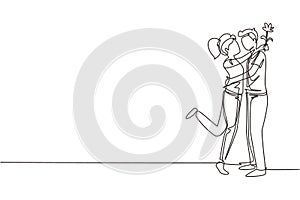 Single one line drawing boy giving rose flower to girl. Man in love giving flowers. Happy couple getting ready for wedding.