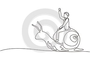 Single one line drawing businessman rides snail. Weak competitor. Ineffective manager, bad solution. Slow business progress,