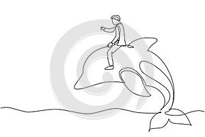 Single one line drawing businessman riding dolphin symbol of success. Business metaphor concept, looking at the goal, achievement