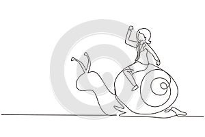 Single one line drawing businesswoman rides snail. Weak competitor. Ineffective manager, bad solution. Slow business progress,