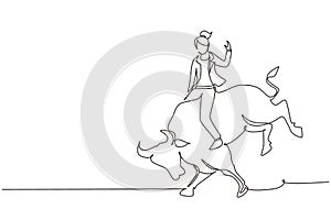 Single one line drawing businesswoman riding rodeo bull. Investment, bullish stock market trading, rising bonds trend. Successful