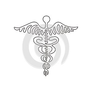 Single one line drawing Caduceus - medical center, pharmacy, hospital with popular symbol of medicine. Medical logo. Swirl curl