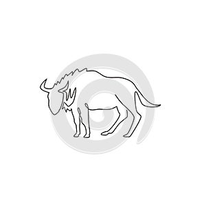 Single one line drawing of dashing wildebeest for foundation logo identity. Strong gnu mascot concept for national zoo icon.