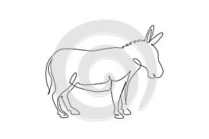 Single one line drawing donkey cute farm animal. Friendly tame animals mascot for livestock. Helping farmers bring agricultural