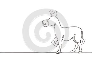 Single one line drawing donkey cute farm animal lift one front leg. Friendly tame animals. Helping farmers bring agricultural