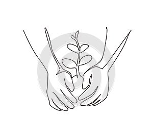 Single one line drawing farmer\'s hands growing young tree, save world, heal world, love nature