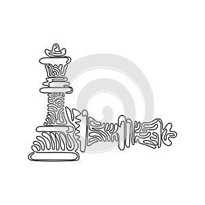 Single one line drawing figures of wooden chess on chessboard. King, queen of opposing team\'s. Composition for tourney