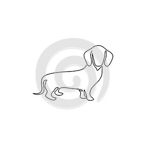 Single one line drawing of funny dachshund dog for logo identity. Purebred dog mascot concept for pedigree friendly pet icon.