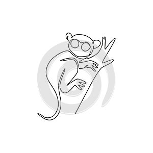 Single one line drawing of funny tarsier for foundation logo identity. Nocturnal primate animal mascot concept for pet lover club