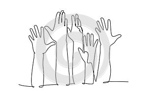 Single one line drawing of group of people open up and raising their hands up into the air. Business team work and collaboration