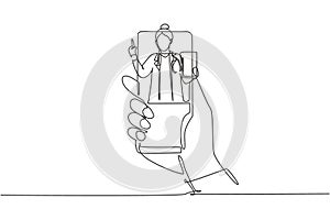 Single one line drawing hand holding smartphone and there is female doctor coming out of smartphone screen holding clipboard.
