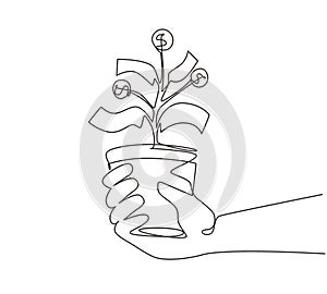 Single one line drawing hand with money plant in the pot. Money tree. Green cash banknotes with golden coins. Tree in a ceramic