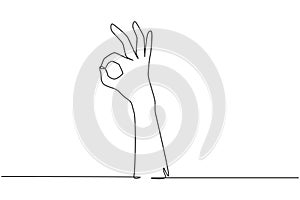 Single one line drawing hand showing okay or perfect gesture. Number three hand count. Learn to count numbers. Nonverbal signs or