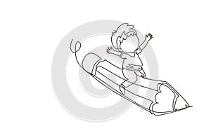 Single one line drawing happy boy sitting on flying pencil, get ready for studying. Kids riding on stationary. Back to school or