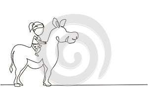Single one line drawing happy cute girl riding cute donkey. Child sitting on back donkey with saddle in ranch park. Kid learning
