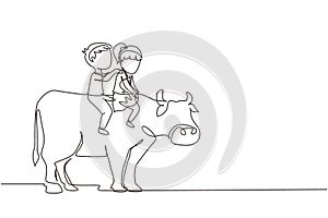 Single one line drawing happy little boy and girl riding cow together. Children sitting on back cow with saddle in ranch ground.