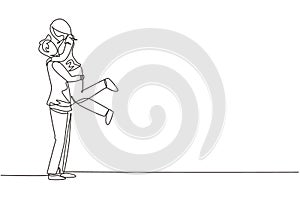 Single one line drawing happy man carrying and embracing woman. Couple dating characters. Romantic couple relationship celebrate