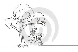 Single one line drawing happy two girls playing tire swing under tree. Cute kids swinging on tire hanging from tree. Children