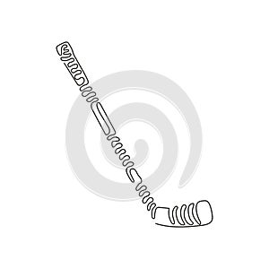 Single one line drawing ice hockey stick. Hockey puck stick, sport ice, game equipment, goal or competition, leisure activity.