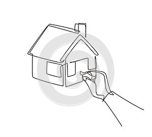 Single one line drawing insert key into keyhole house. Open the doors. Real Estate concept, template for sales, rental,