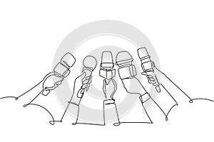 Single one line drawing interview concept with microphones on white background. Newsmakers and interviewers. Different tv signs.