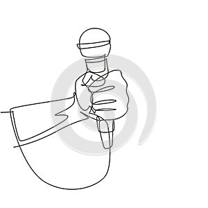 Single one line drawing karaoke man sings song to microphone. Singer holding a microphone in his hand at karaoke singer sings the