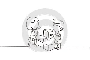 Single one line drawing little boy and girl playing blocks cube toys together. Kids play with toys brick. Educational toys.