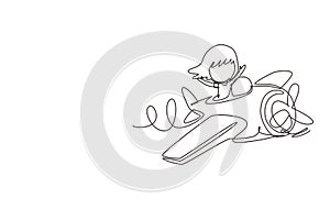 Single one line drawing little girl operating plane. Kids flying in airplane. Happy smiling kid flying plane like real pilot and