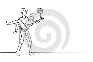 Single one line drawing man holding a woman and making marriage proposal with bouquet. Boy in love giving flowers. Happy couple