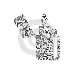 Single one line drawing metal lighter. Fire from lighter. Manual, gas lighter with burning flame in flat style. Swirl curl style