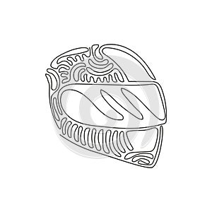 Single one line drawing motorcycle sport helmet. Racer helmet logo. Motorsport car kart racing transportation safety concept.