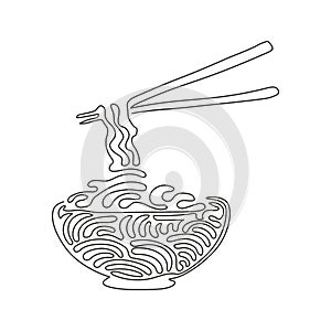 Single one line drawing noodle in bowl. Asian ramen oriental, traditional Chinese restaurant with pasta and chopsticks. Swirl curl