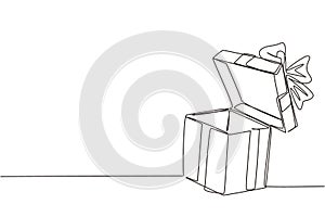Single one line drawing open white gift box with ribbon and bow. Greeting present package. Decorative gift or cardboard box with