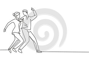 Single one line drawing people dancing salsa. Couples, man and woman in dance. Pairs of dancers with waltz tango and salsa styles