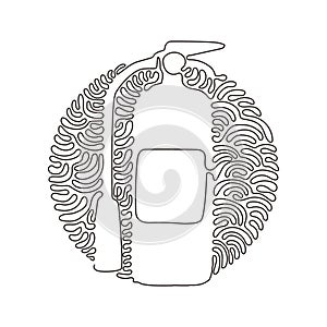Single one line drawing red fire extinguisher protection with nozzle. Portable fire equipment from fire department set. Swirl curl