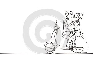 Single one line drawing riders couple trip travel relax. Romantic honeymoon moments sitting and talking on motorcycle. Man with